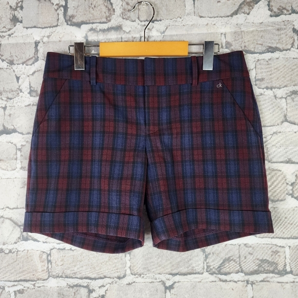 Calvin Klein Plaid Shorts Mid Rise Burgundy Navy Size 6 Clueless - Picture 2 of 16